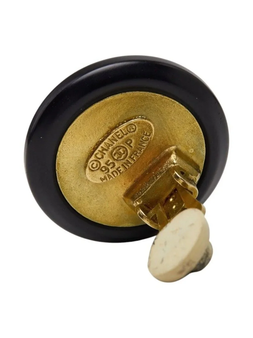Chanel CC Logo Vintage Earrings 95P Black Gold Plated